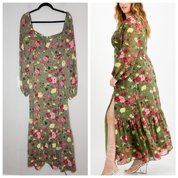 NWT BAR III Green Pink Yellow Floral Printed Bustier Side-Slit Maxi Dress. 2X - Picture 1 of 16